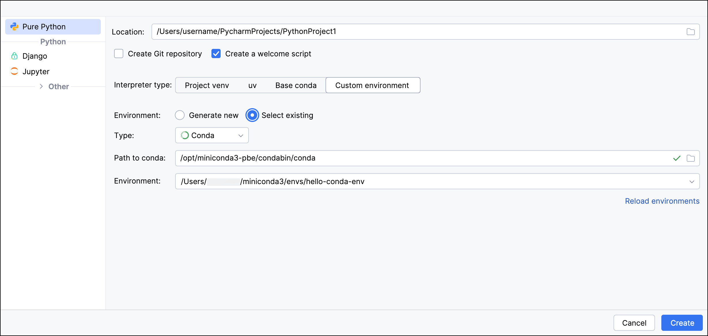 The New Project dialog with Custom environment selected, Select existing and Conda chosen as the type, showing the Environment dropdown and Reload environments link
