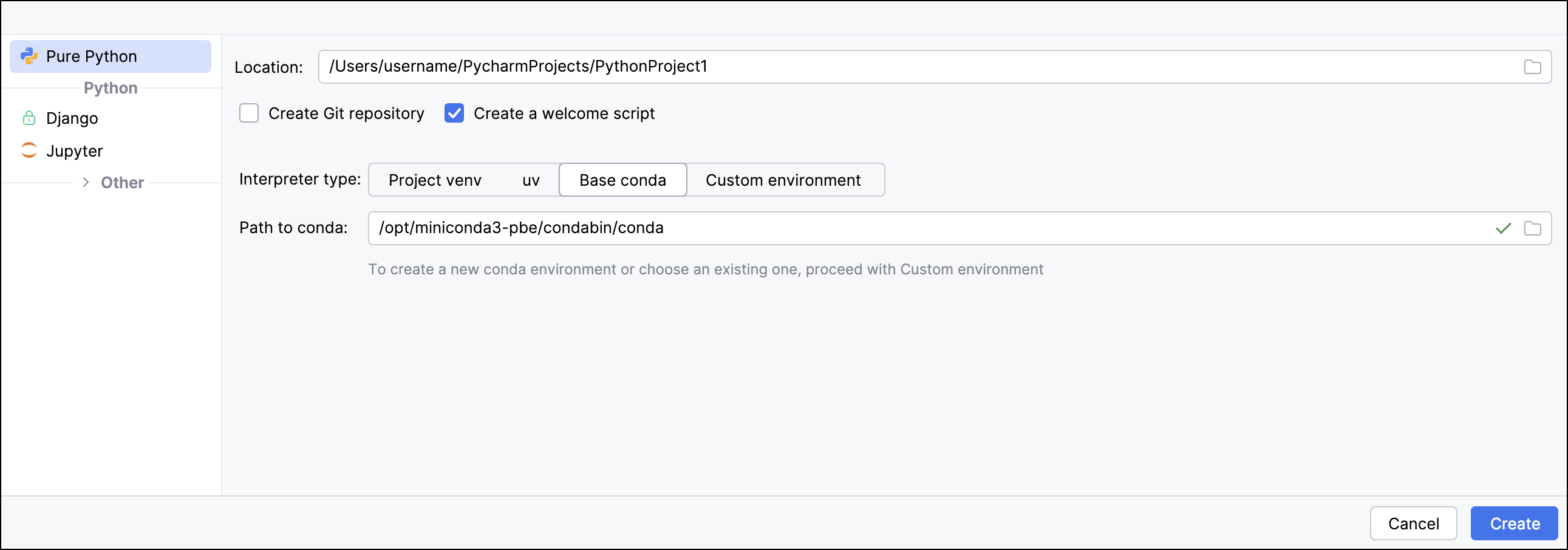 The New Project dialog with Base conda selected as the interpreter type, showing the auto-detected path to conda