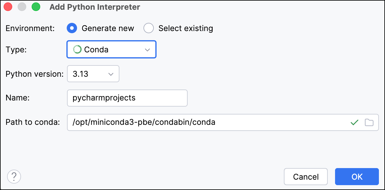 The Add Python Interpreter dialog with Generate new selected and Conda chosen as the type, showing Python version, Name, and Path to conda fields