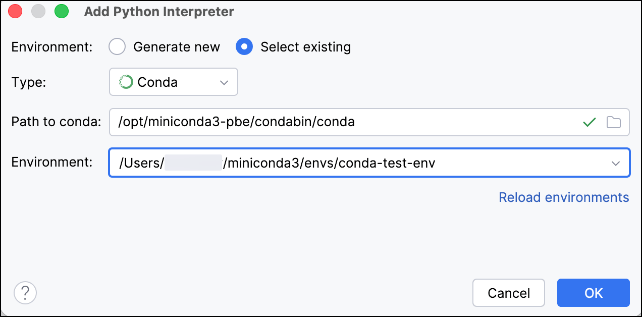 The Add Python Interpreter dialog with Select existing selected and Conda chosen as the type, showing the Environment dropdown and Reload environments link