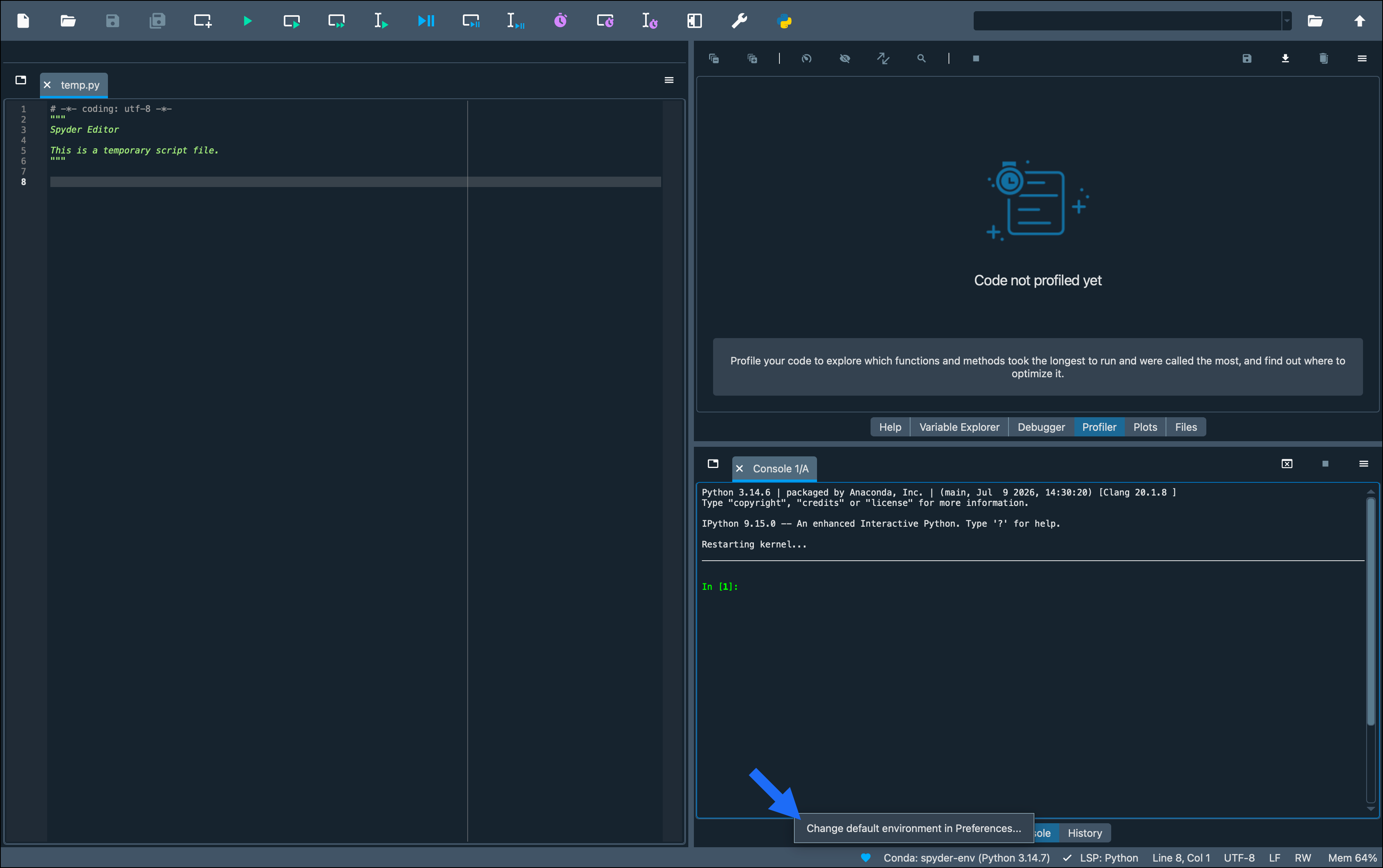 The status bar in Spyder showing the current environment name.