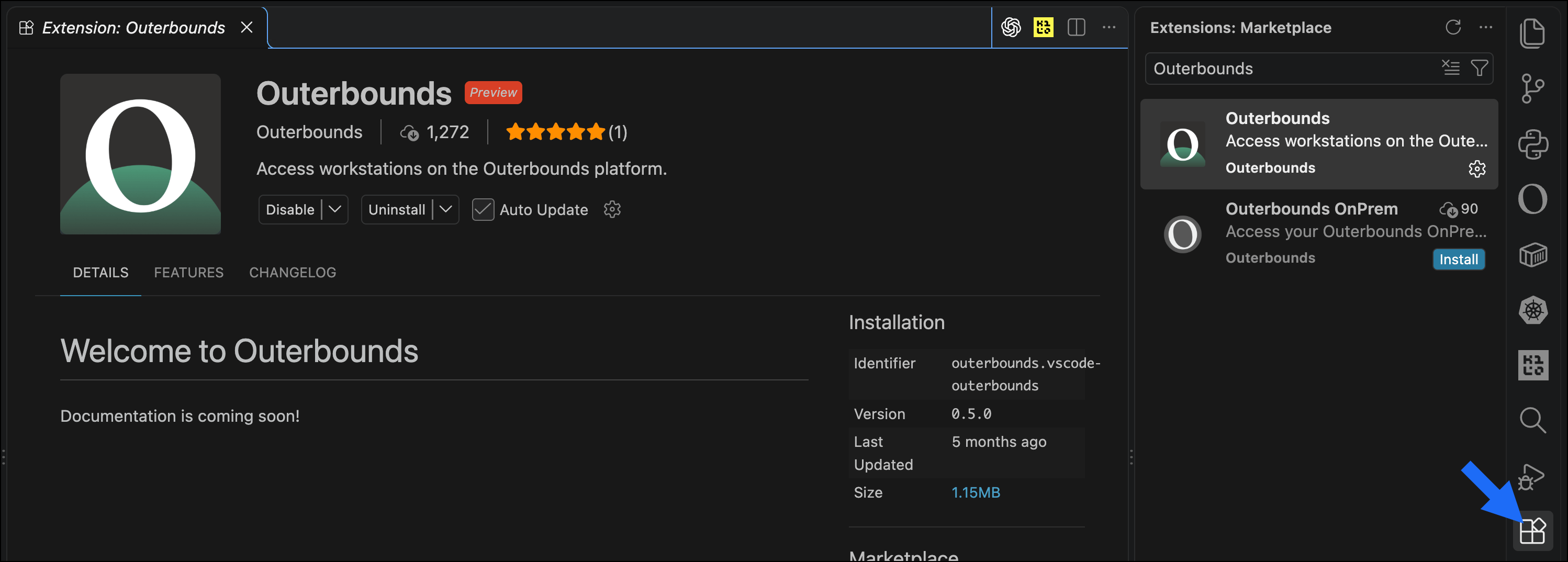 The VS Code Extensions view showing the Outerbounds extension in the search results