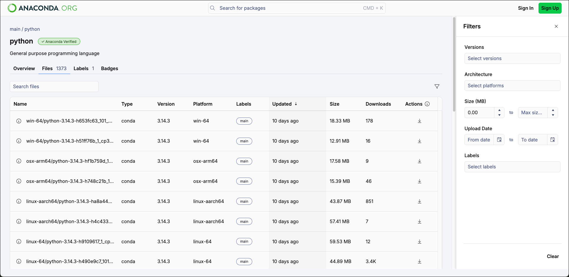 An overview of the package file list and filters for the Python package in Anaconda.org