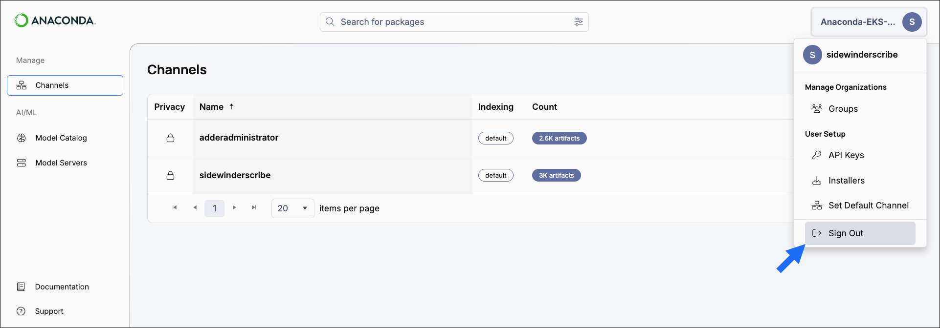 User dropdown with an arrow pointing to sign out