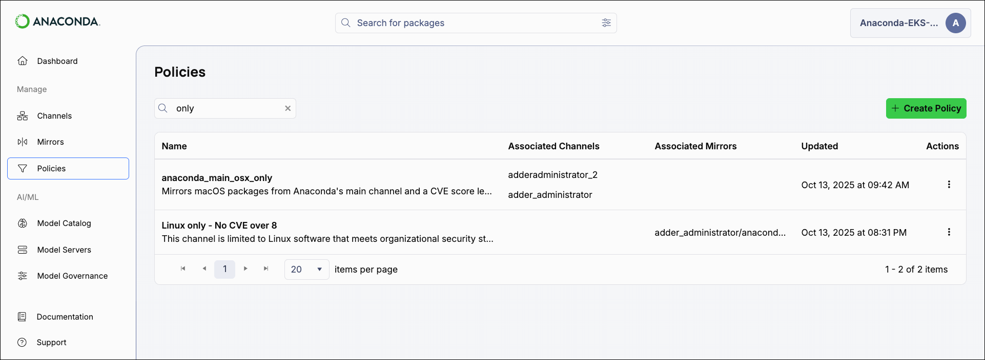 View all policies page