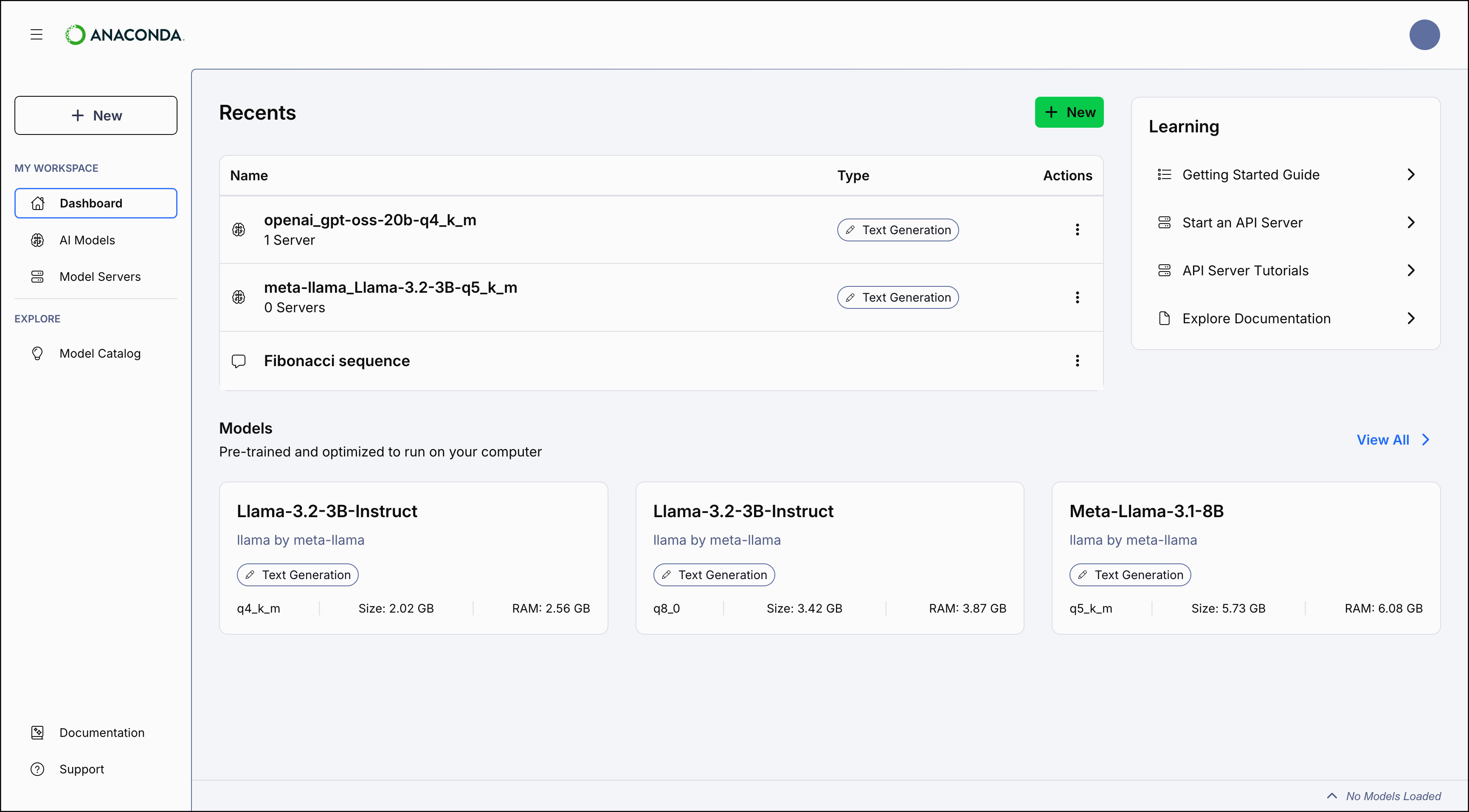 Desktop Dashboard with recent model and chat activities