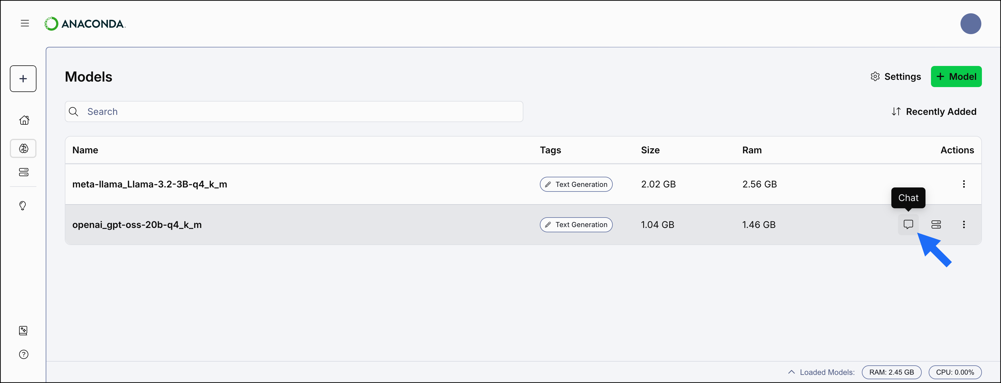 Model chat button displays on hover