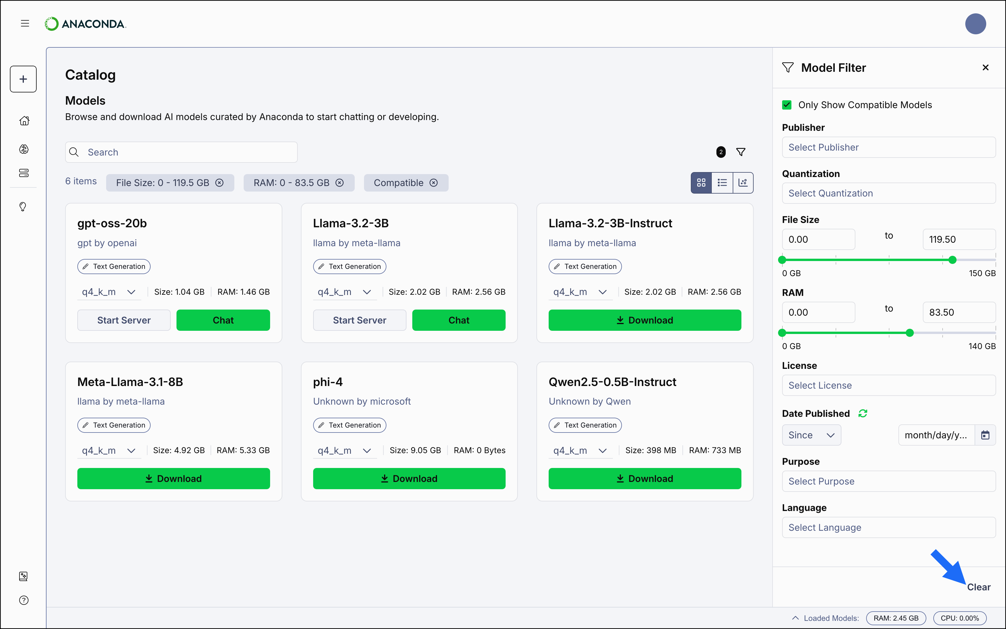 Models page right-hand filters panel