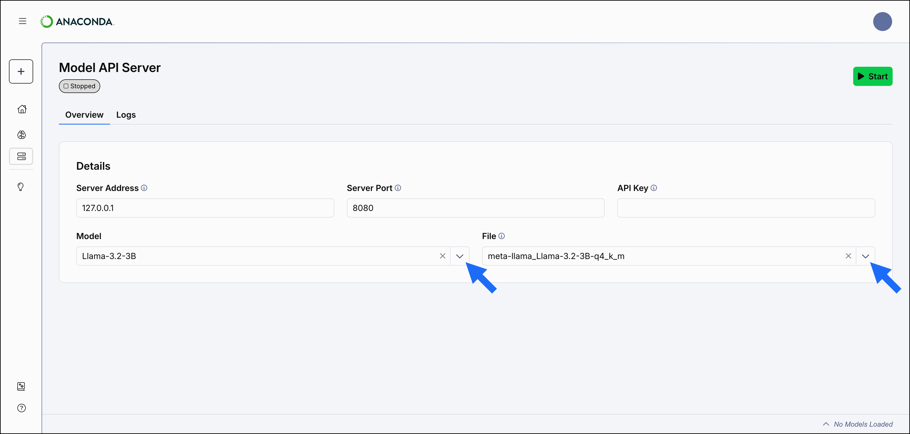 Servers page showing model and file dropdown buttons
