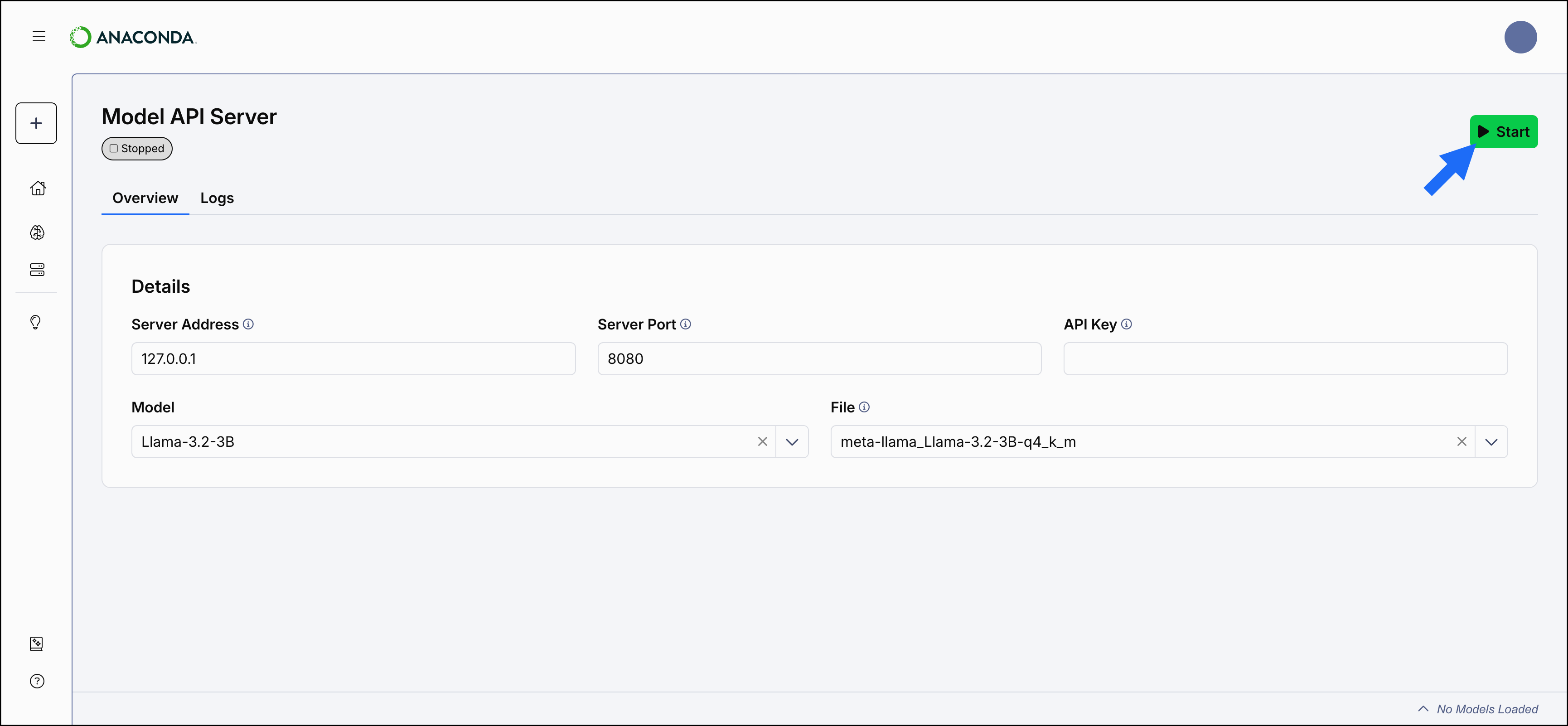 Servers page showing start button