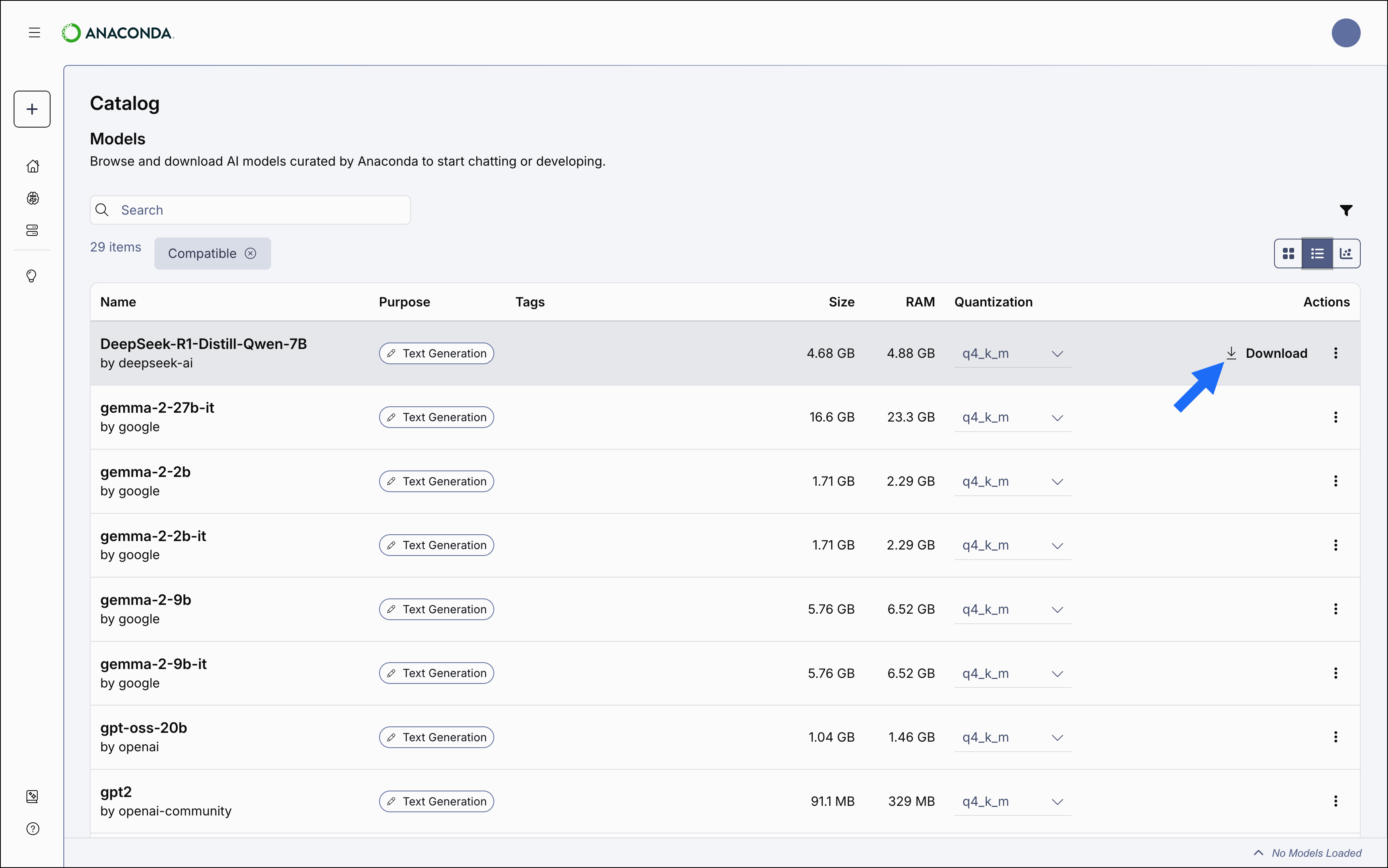 Model catalog table view