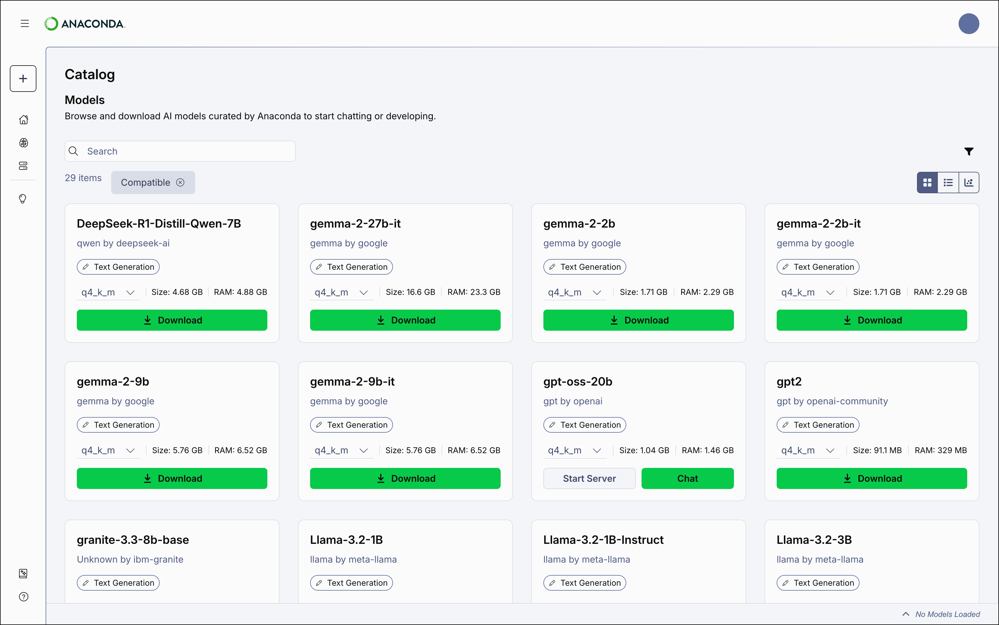 Models page tile view
