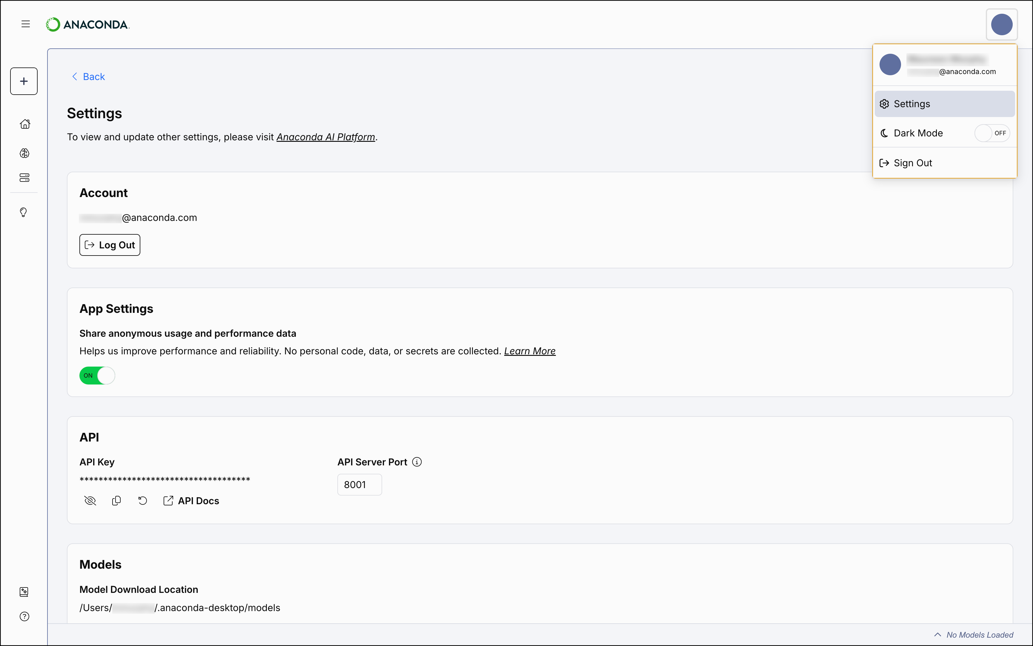 User settings page showing model location, Desktop API, data sharing, and logout options
