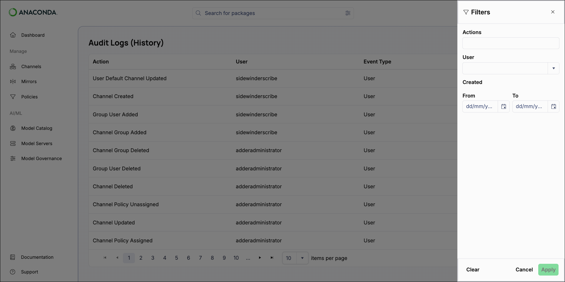 Audit log filter pane