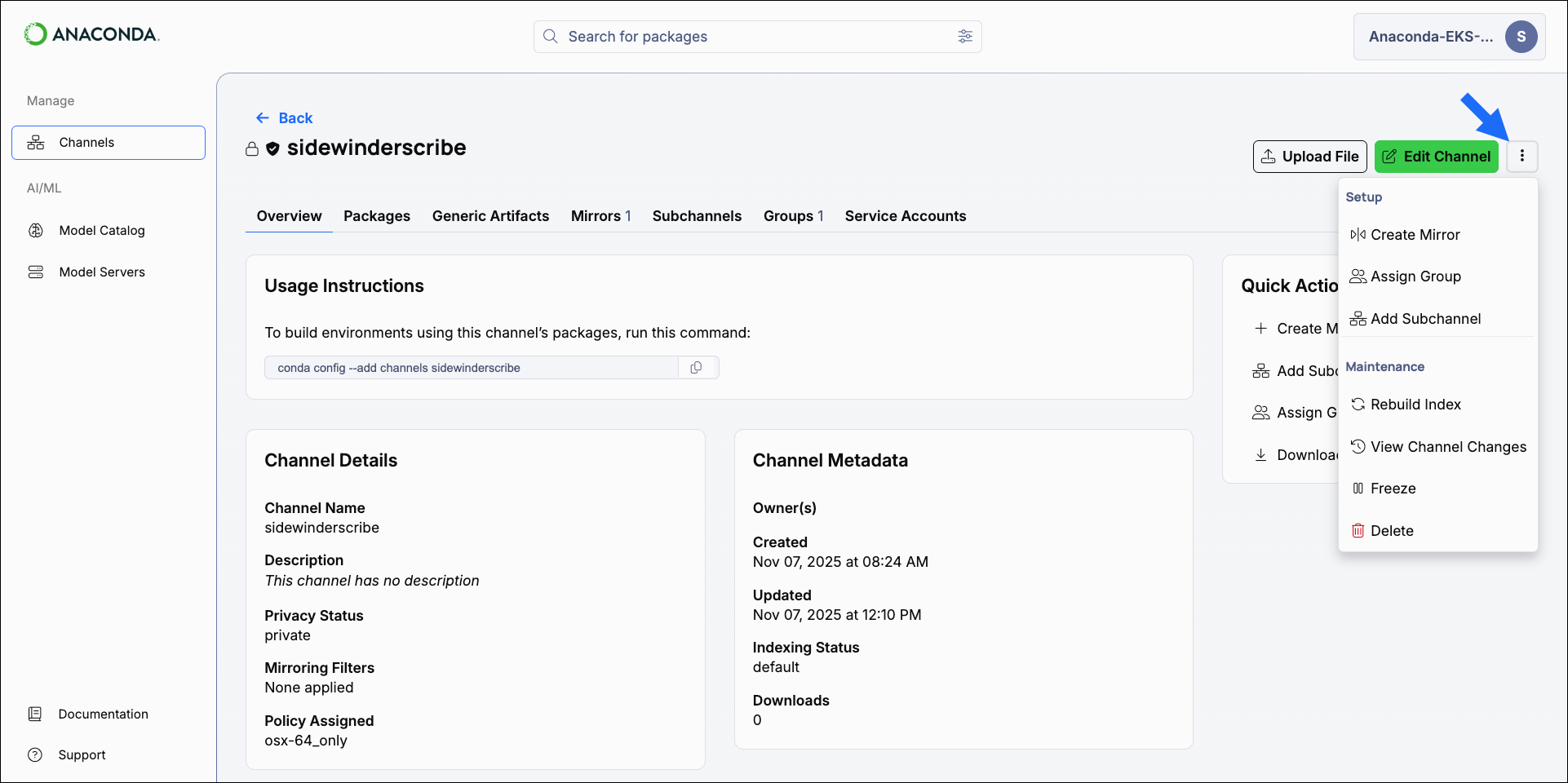 Channel actions dropdown menu