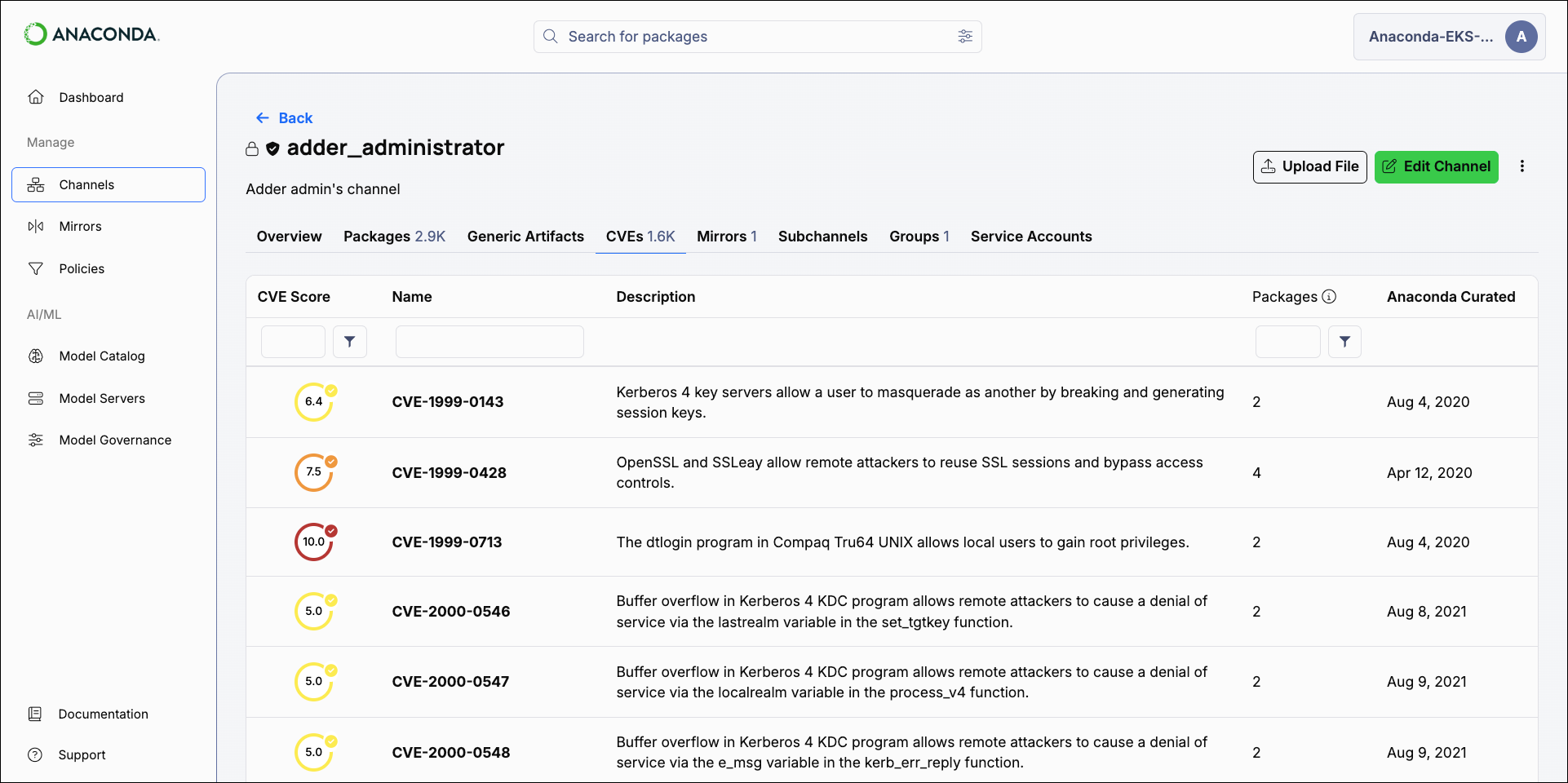 Channel page CVEs tab view