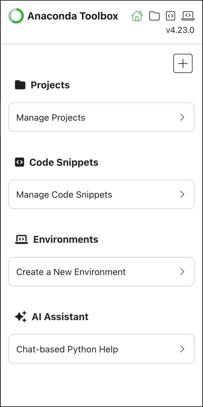 Anaconda Toolbox interface showing project management, code snippets, and AI assistant features