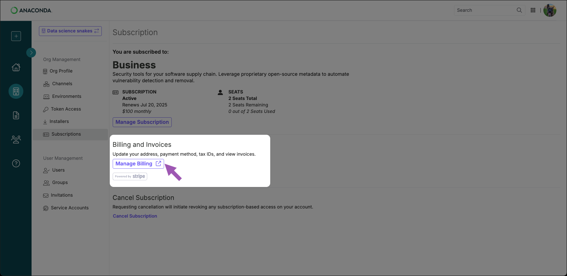 organization subscriptions page manage billing button spotlight