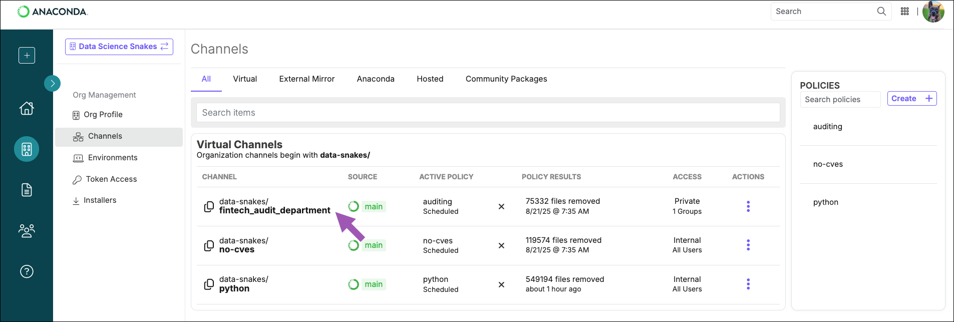The channel details page with the package list spotlighted