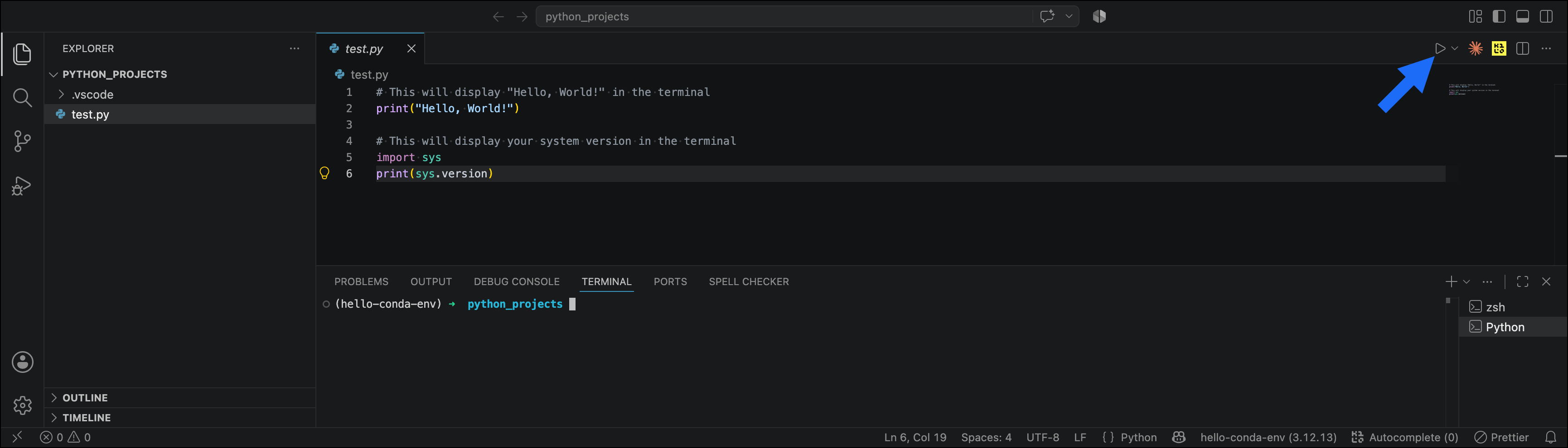 Arrow pointing to the Run Python File button in the VS Code toolbar