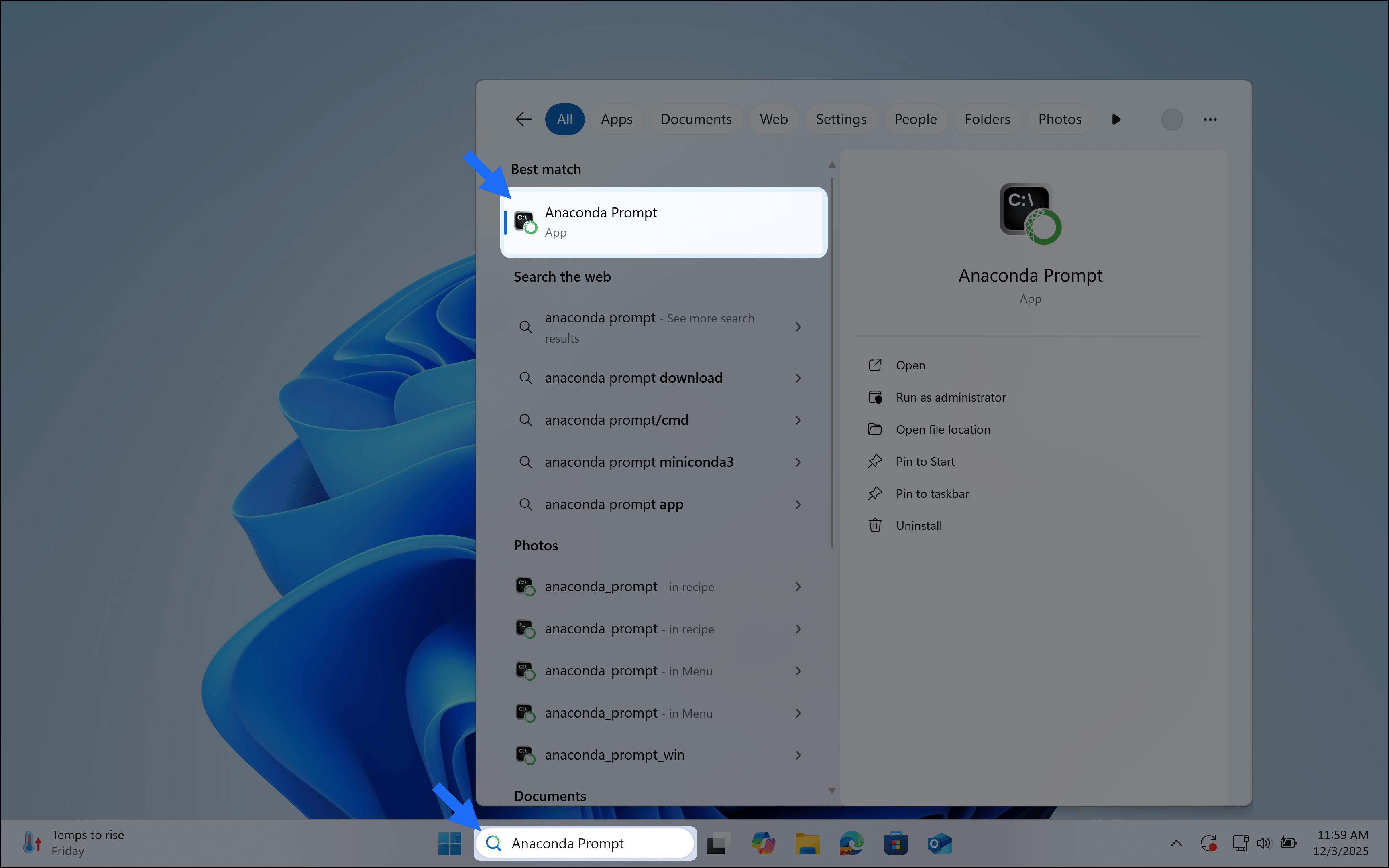 Windows desktop with Anaconda Prompt in the taskbar search field.