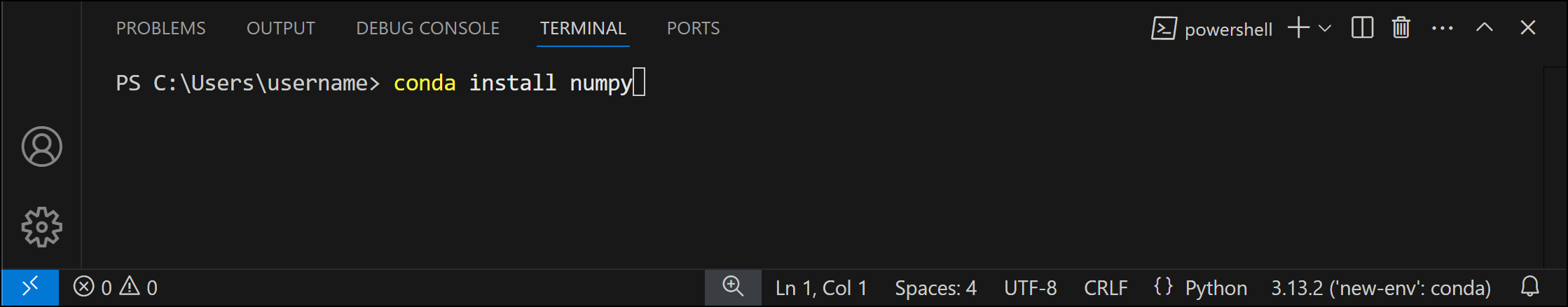 VS Code on Windows showing conda install command running in PowerShell terminal