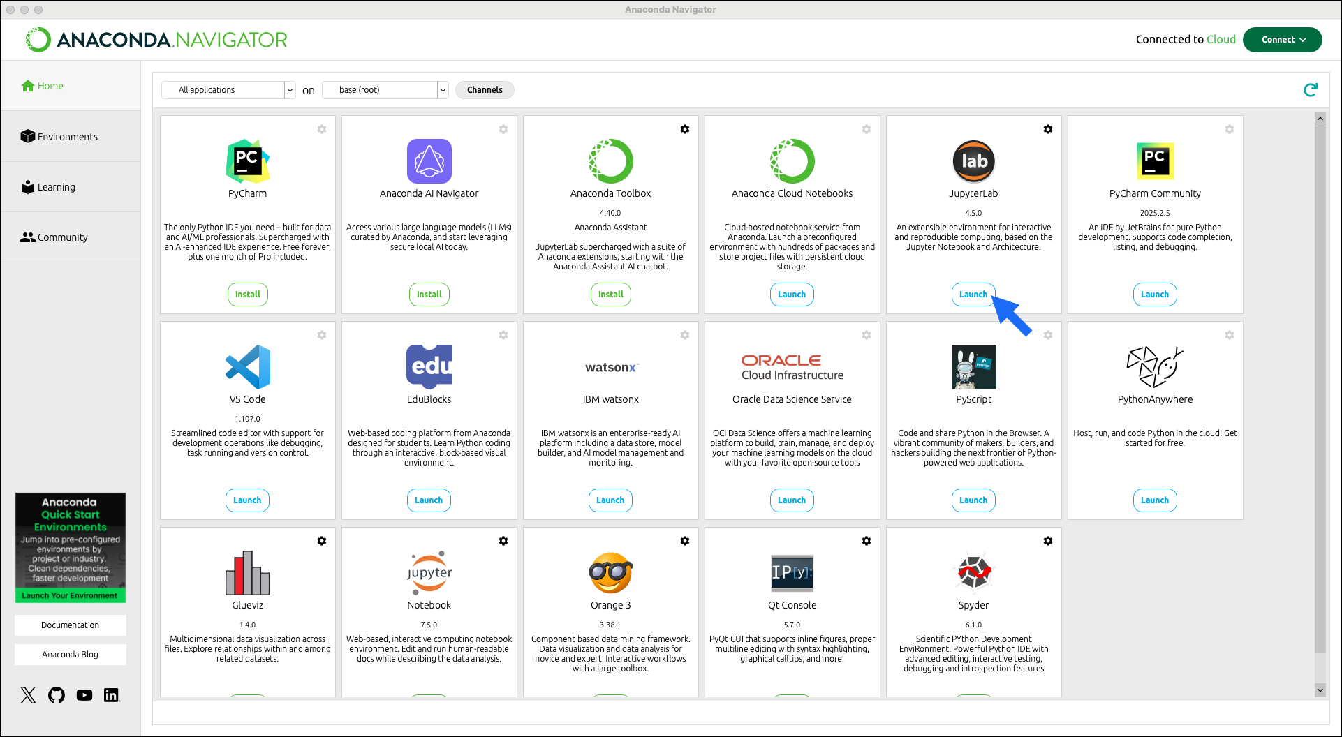 A view of the Anaconda Navigator homepage with an arrow pointing at the Launch button for the JupyterLab tile