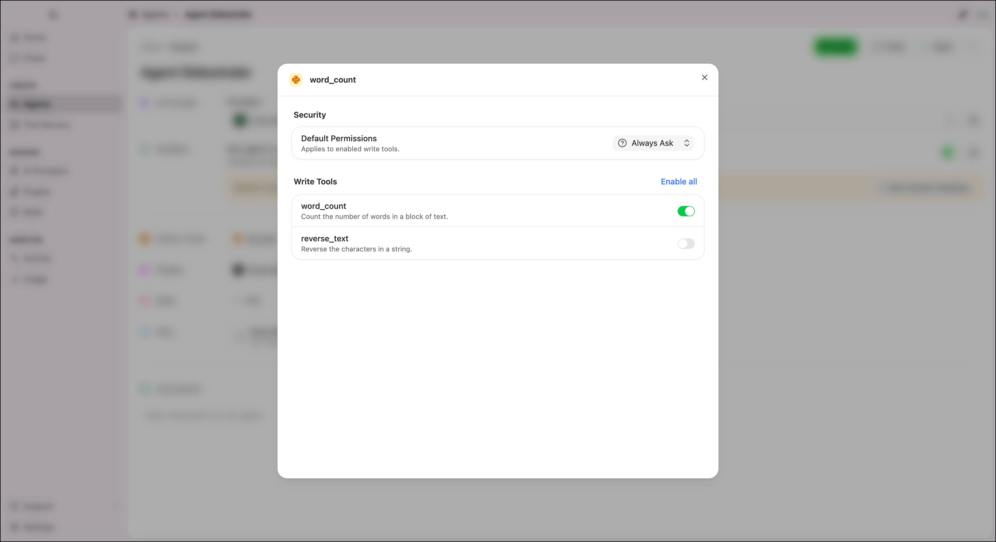 Edit Tool Policy dialog showing Default Permissions dropdown set to Always Ask and Write Tools list with toggles for individual functions
