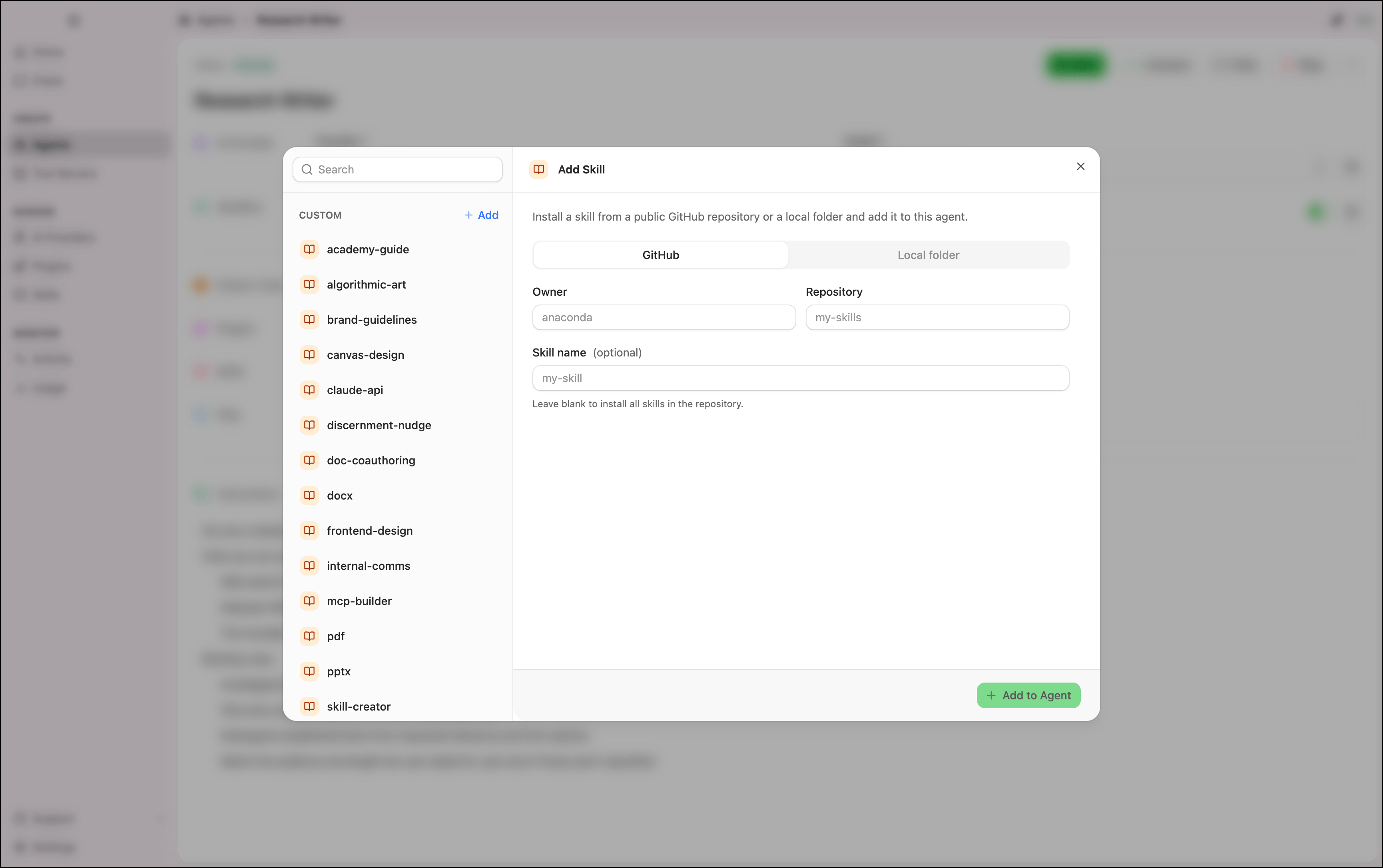 Add Skill dialog showing the GitHub tab with Owner, Repository, and Skill name fields