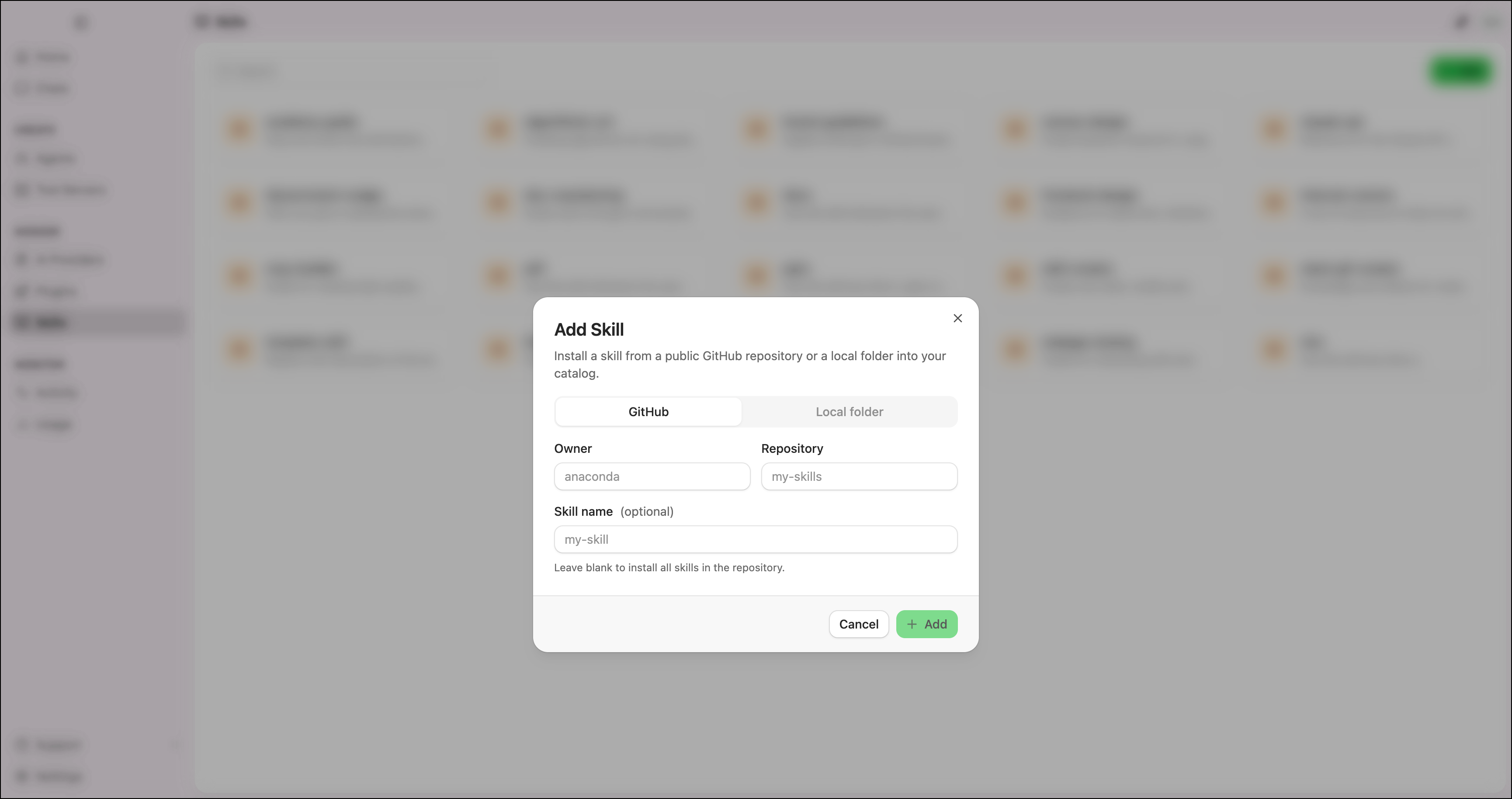 Add Skill dialog showing the GitHub tab with Owner, Repository, and Skill name fields