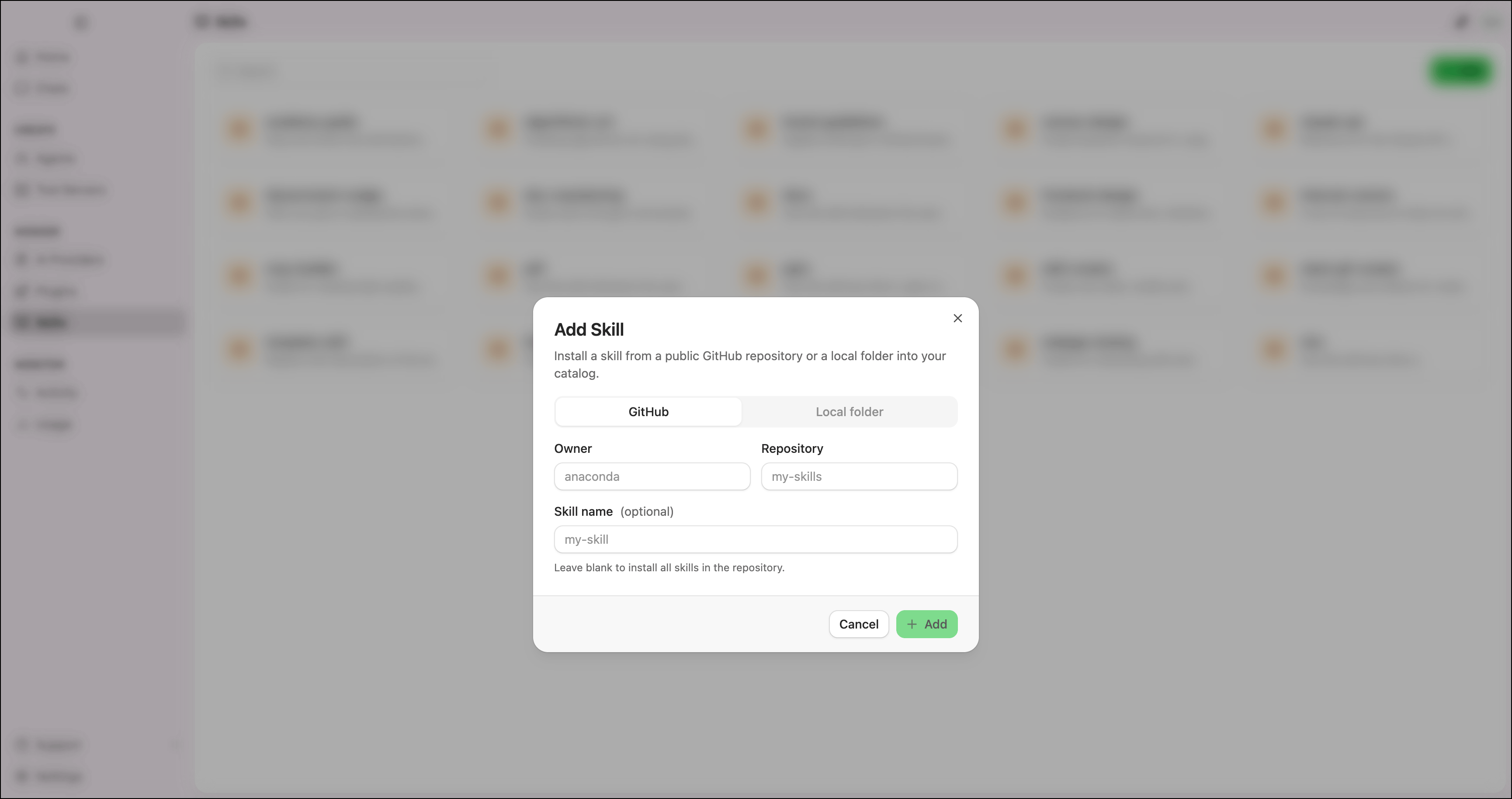 Add Skill dialog showing the GitHub tab with Owner, Repository, and Skill name fields
