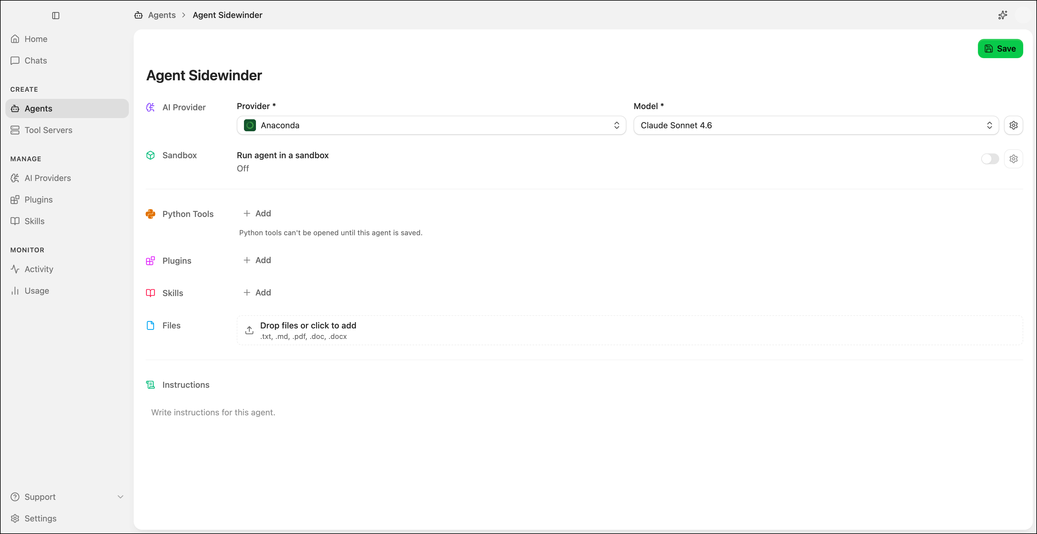 Agent configuration page showing AI Provider, Sandbox, Python Tools, Plugins, Skills, Files, and Instructions rows