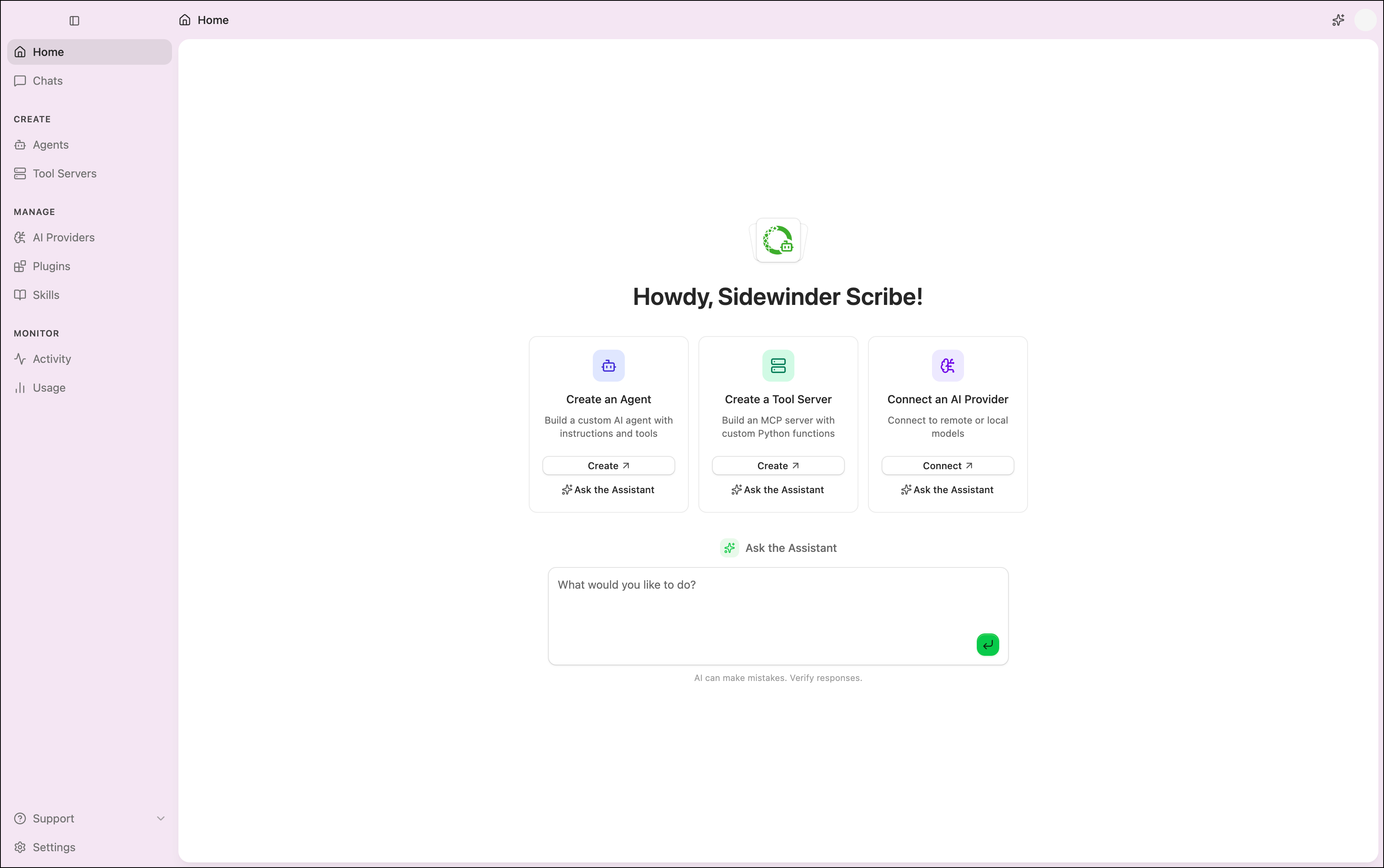 Agent Studio Home page showing three quick-action cards (Create an Agent, Create a Tool Server, Connect an AI Provider) and the Ask the Assistant chat input