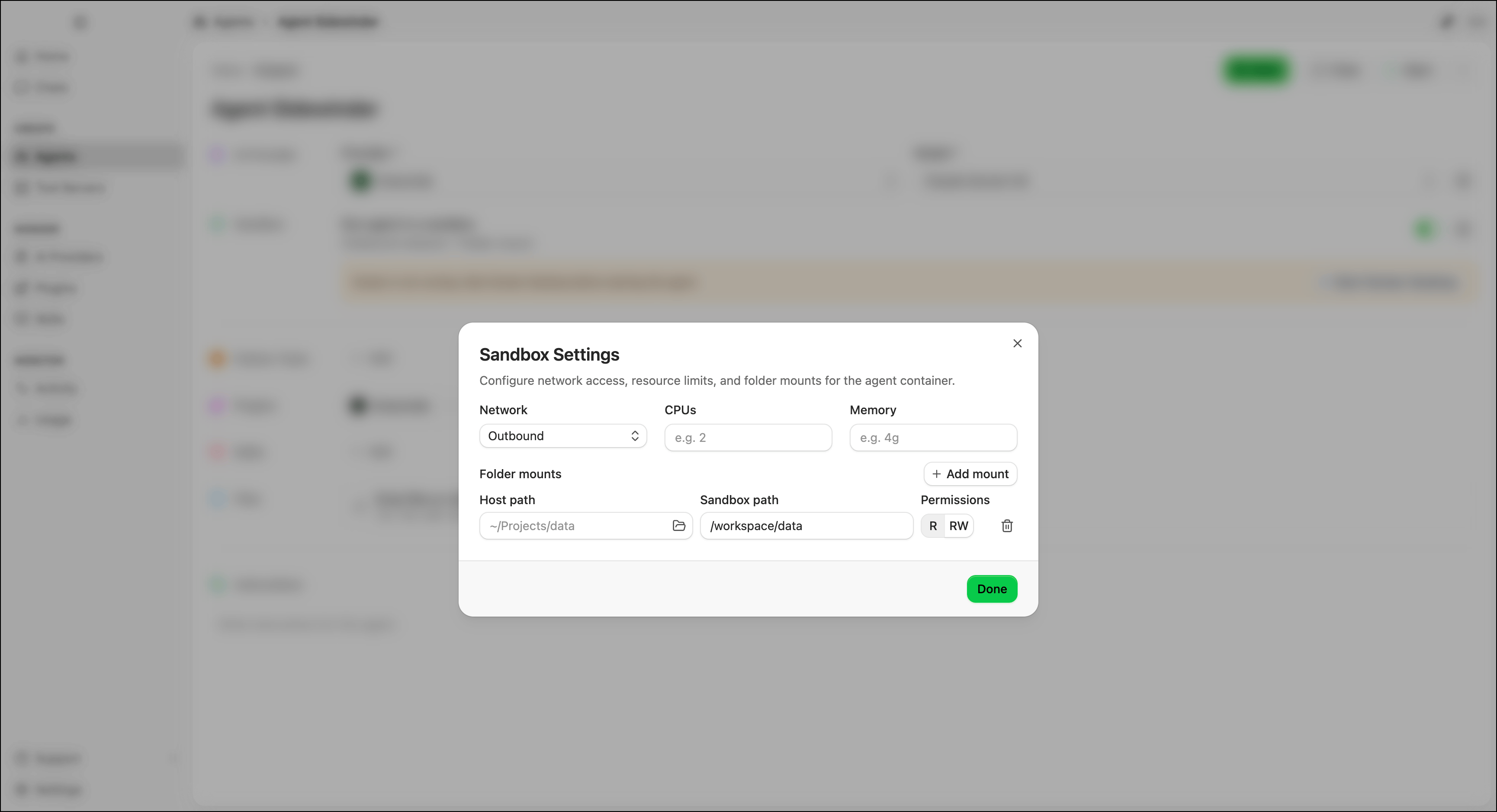 Sandbox configuration modal showing the network dropdown, resource limits, and folder mounts