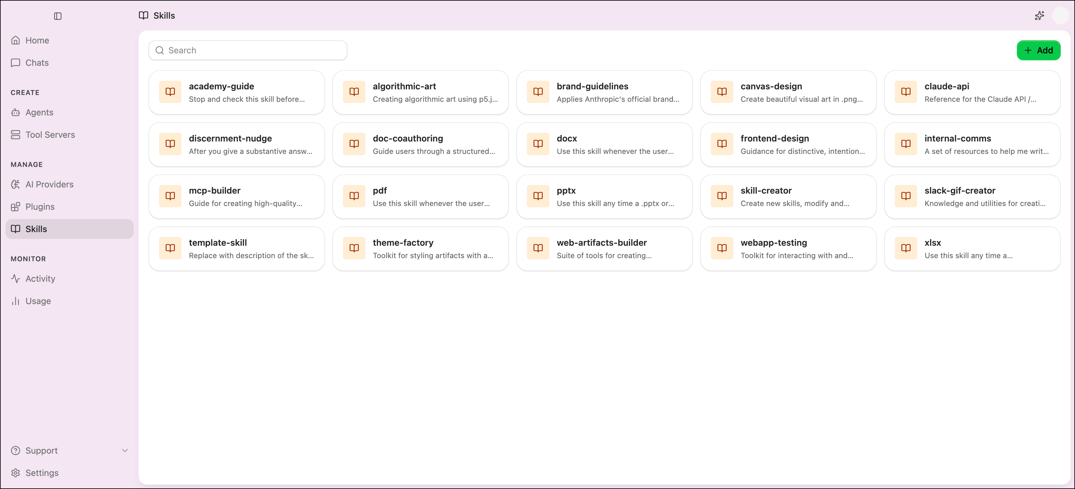 Skills page showing a grid of skill cards, each displaying a skill name and short description