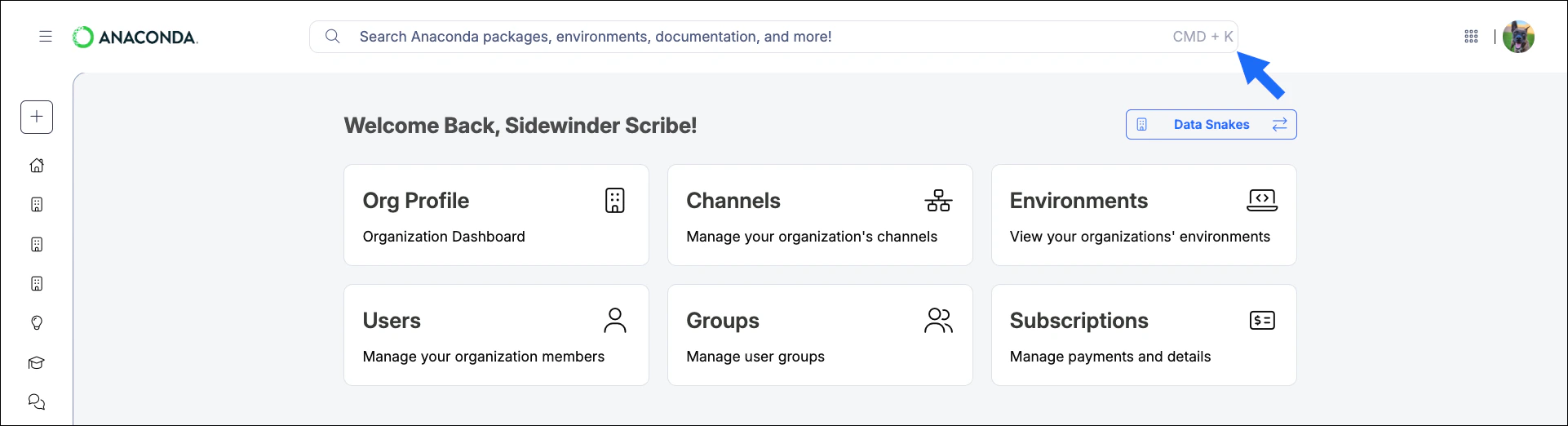 The unified search bar at the top of anaconda.com/app