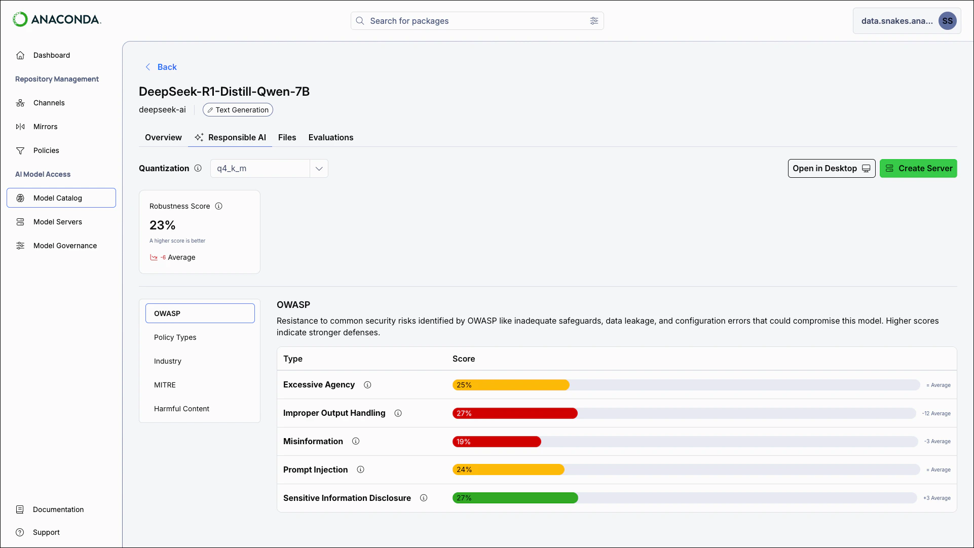 Model Responsible AI tab view