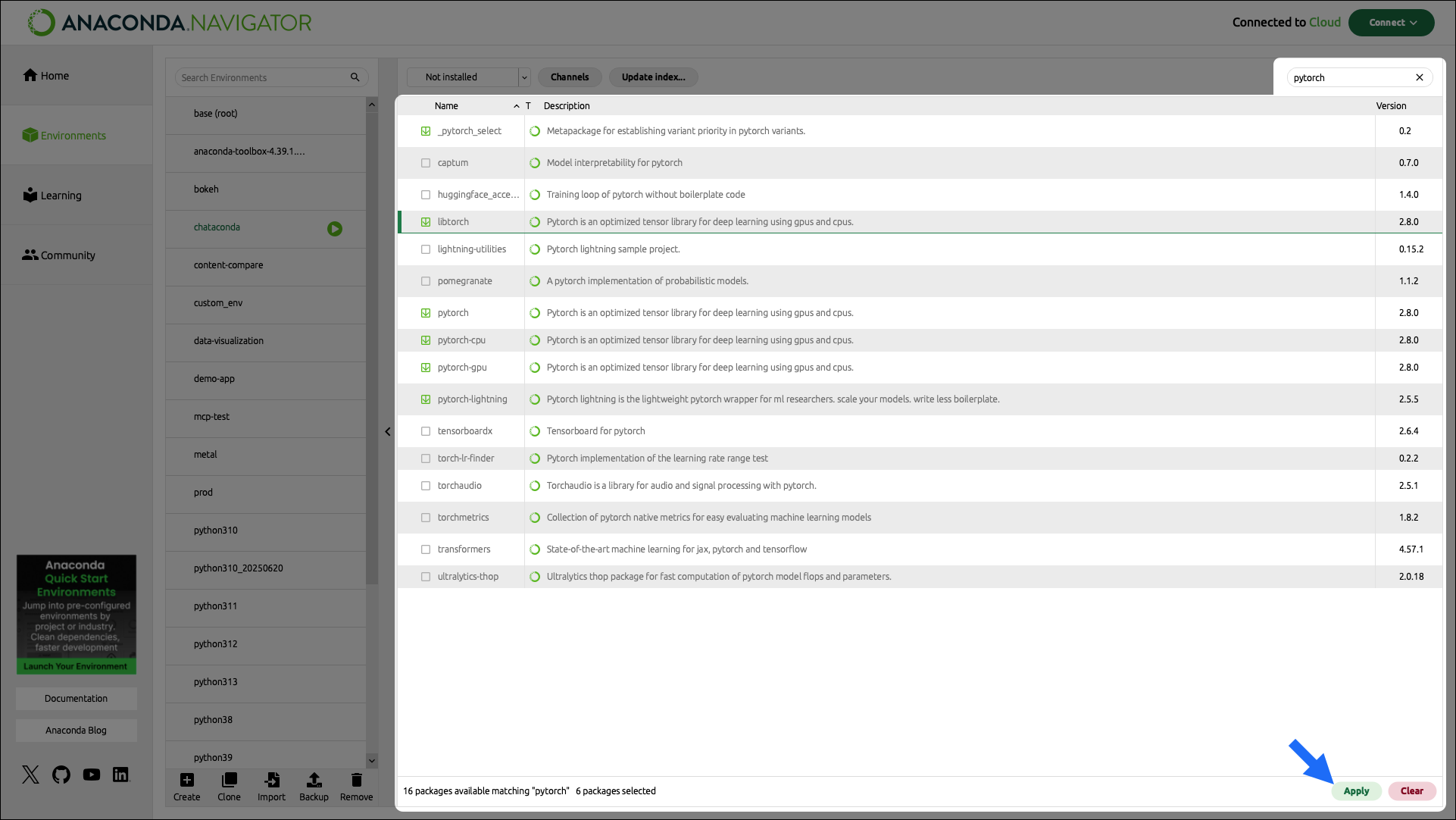 Anaconda Navigator apply package selection