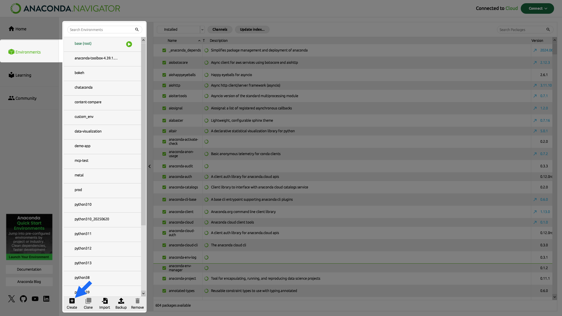 Anaconda Navigator create environment button