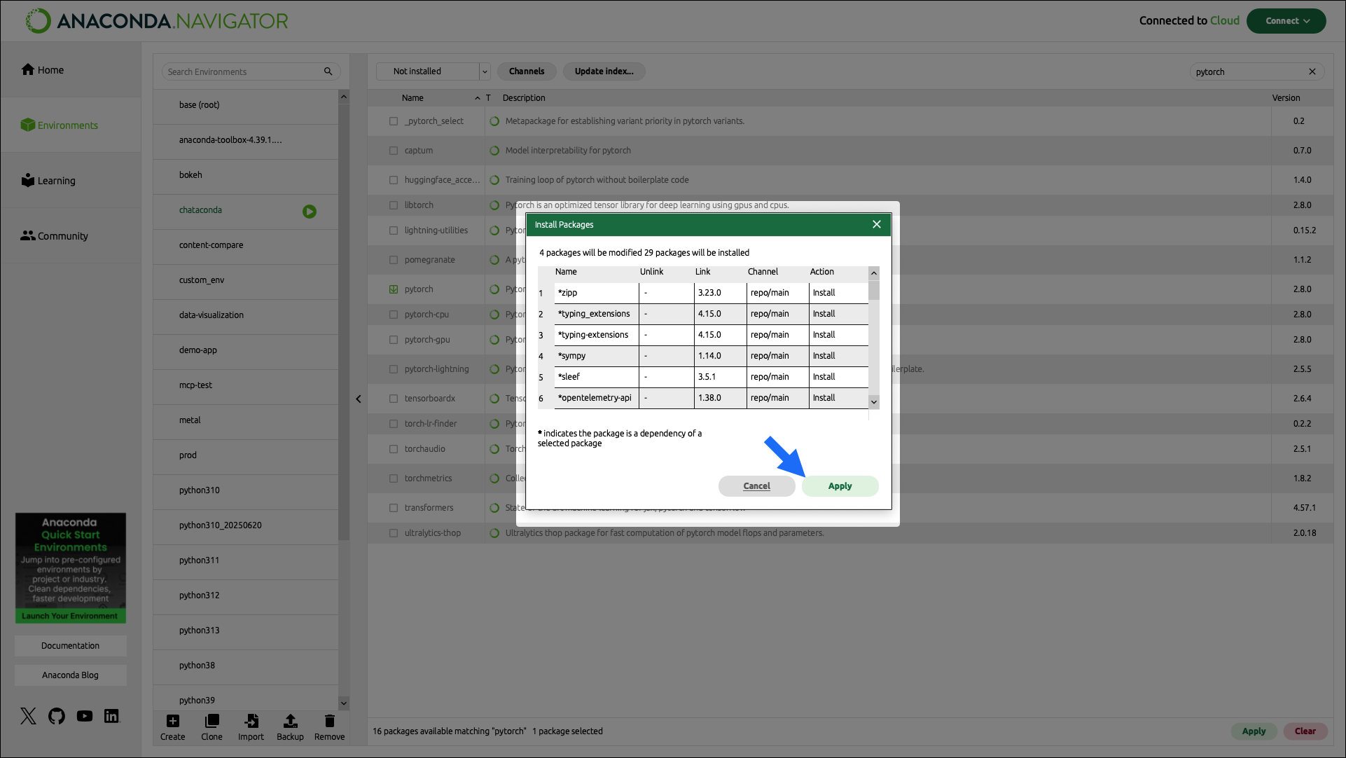 Anaconda Navigator install packages dialog