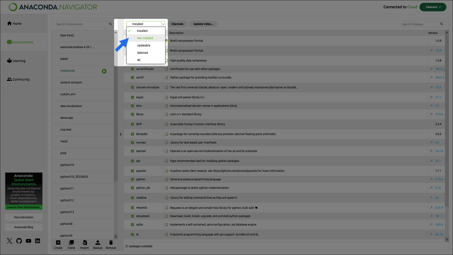 Anaconda Navigator package selector