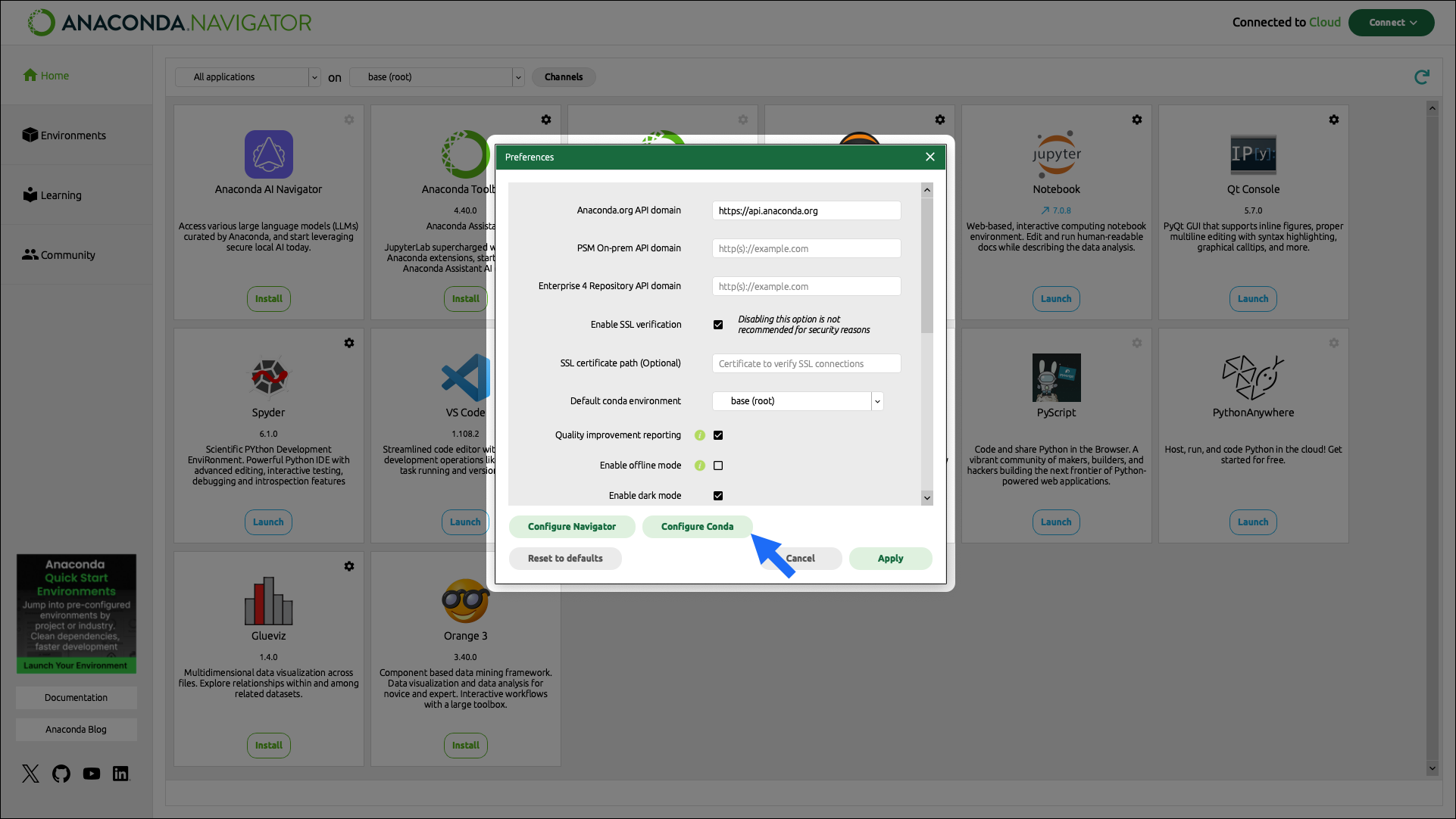 Anaconda Navigator preferences dialog