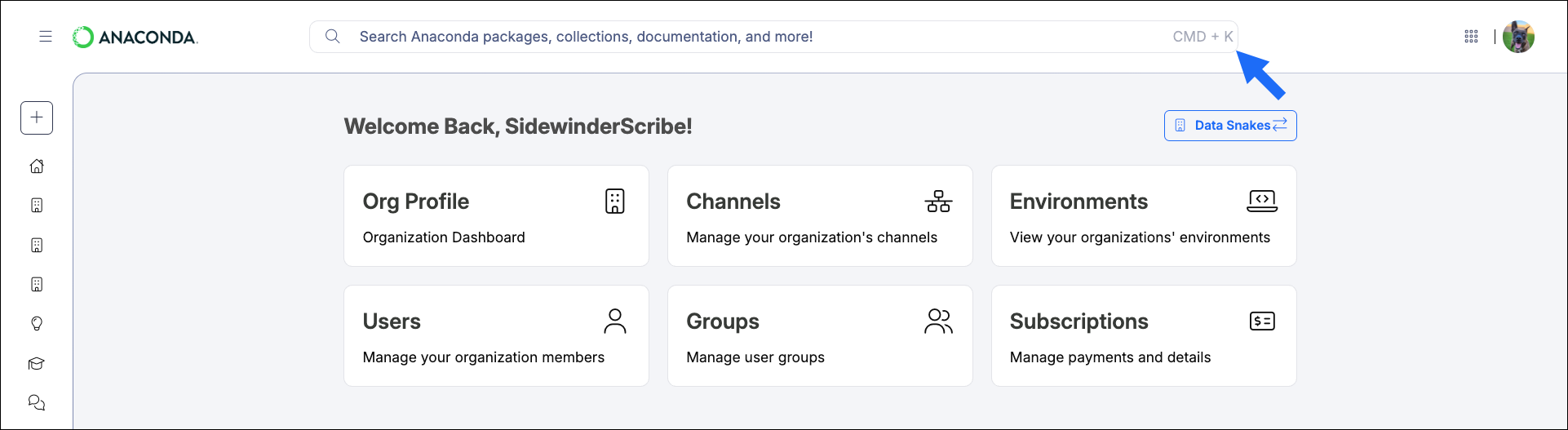 The search bar at the top of anaconda.com/app