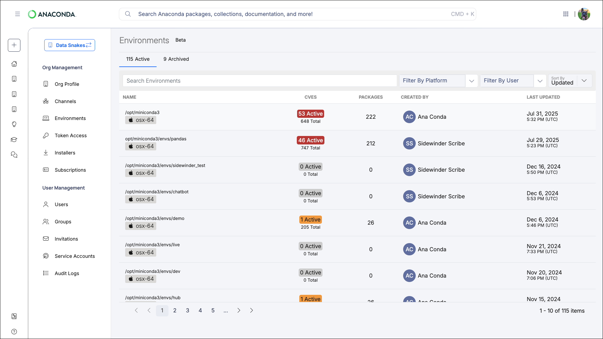 View logged environments