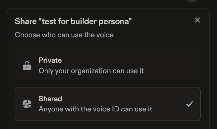 Cartesia voice sharing dialog with Shared selected so anyone with the voice ID can use the voice