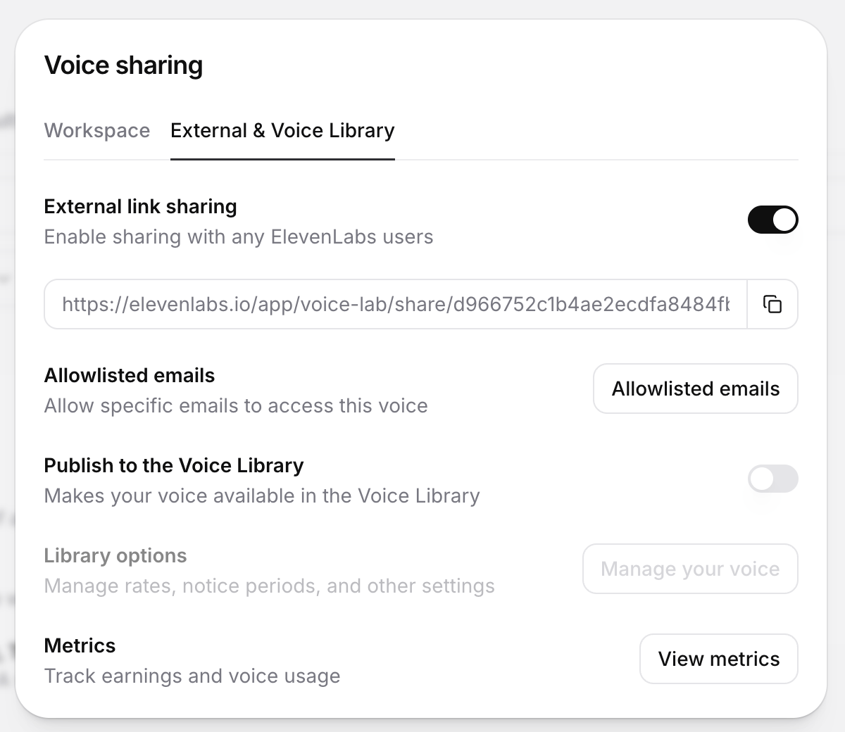 ElevenLabs voice sharing dialog with the External & Voice Library tab selected and external link sharing enabled