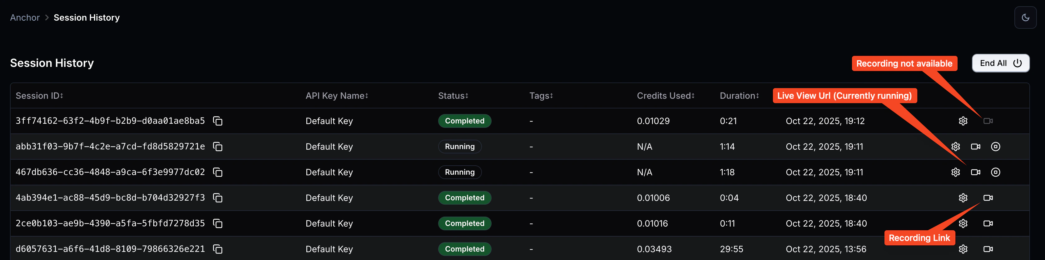 Session history dashboard showing list of sessions