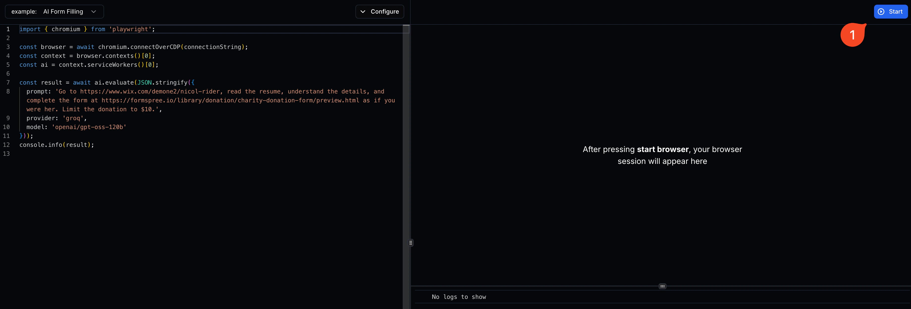 Starting a session to be recorded in the playground