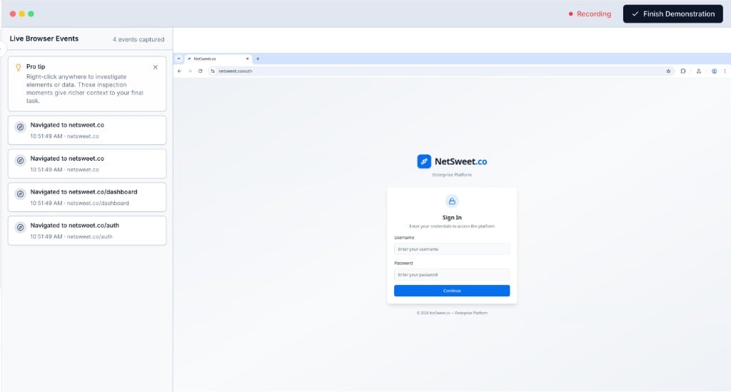 Demonstration mode with a live browser and a sidebar listing captured browser events