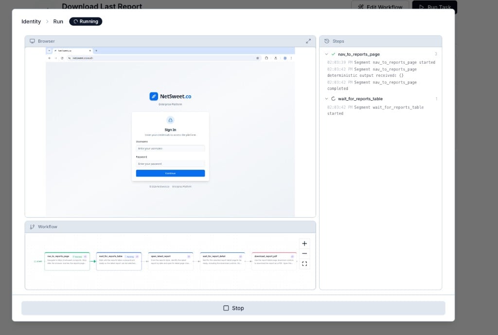 Run page showing a live browser view, per-step execution logs, and a workflow graph with step status